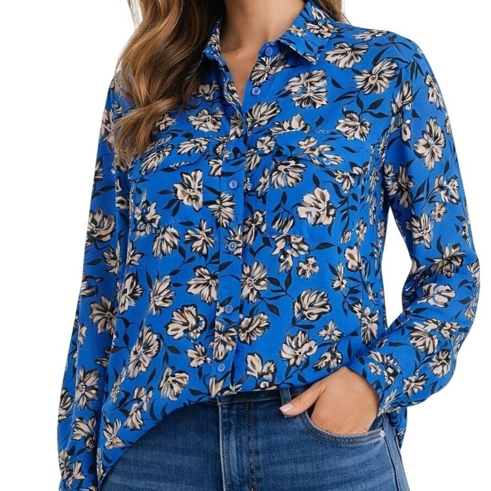Madison Button Down Shirt Womens Small Blue Floral Long Sleeve Blouse Pocket